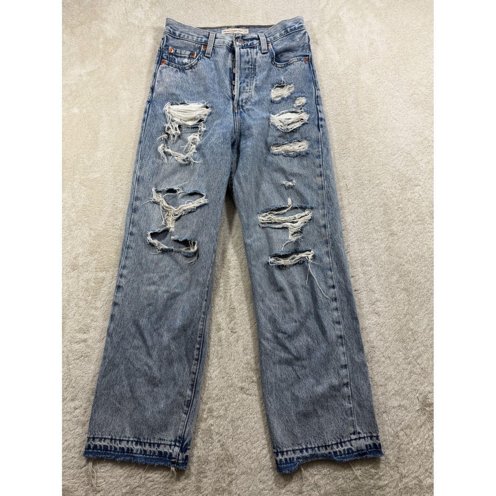 Levi's Womens Ribcage Straight Ankle Distressed Blue Denim Jeans 25 Meas: 26x27